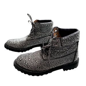 Bella Marie Black Rhinestone Suede Work Lace‎ Up High-Top Moto Boots